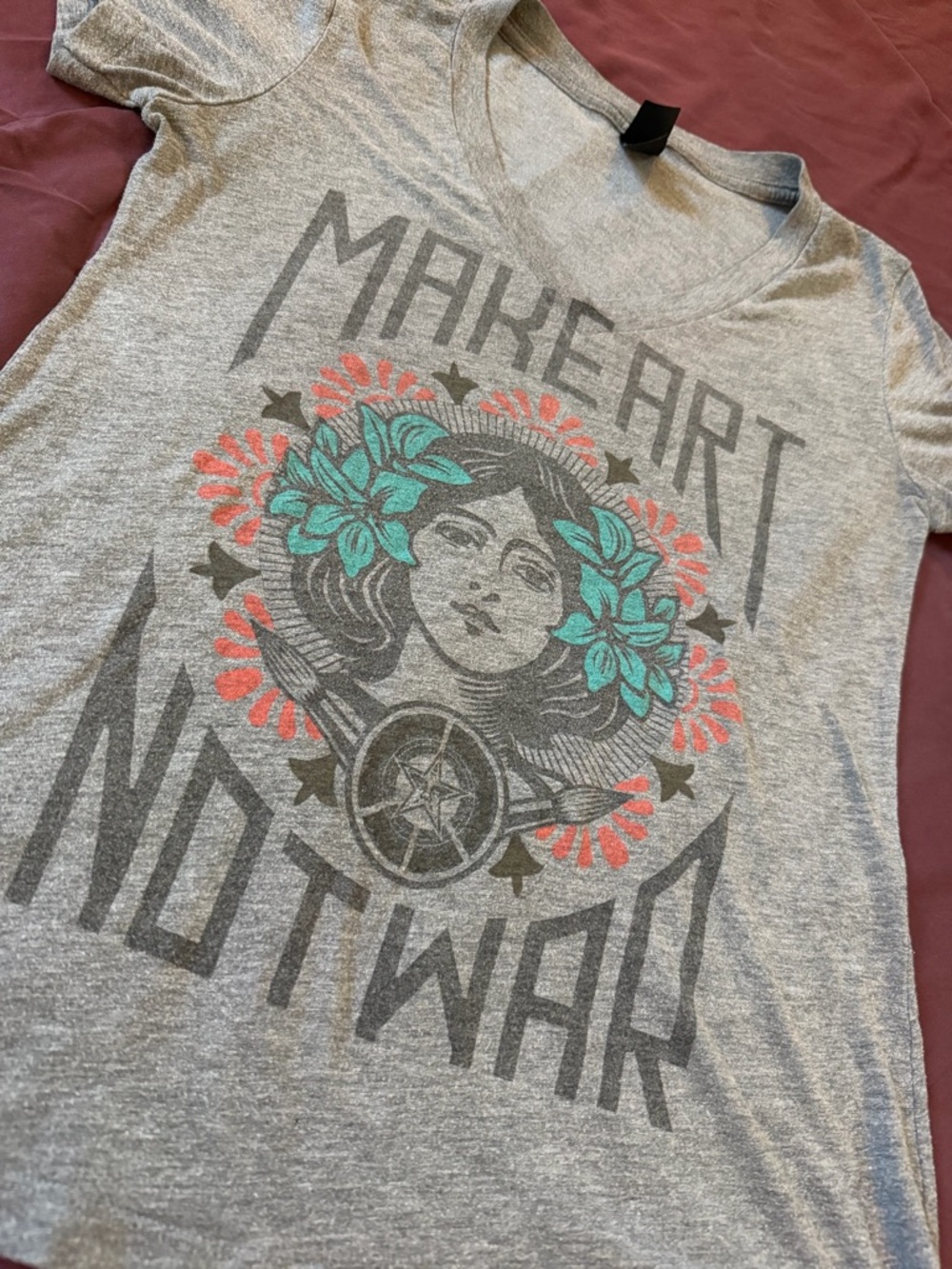 Obey Gray V‑Neck Tee with Teal and Coral Graphic - Picture 2 of 5